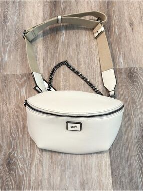 DKNY Cream Leather Crossbody Belt Bag with Tan Strap